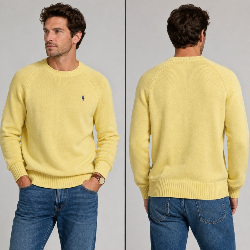 Vintage Polo Ralph Lauren Sweater Mens XL Yellow Cotton Knit Crewneck 90s Preppy